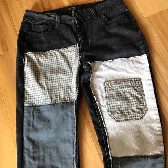 Upcycled Patchwork Jeans, Size 12: Black Grunge Hippie Pants, Tattered Patches - Picture 8 of 12